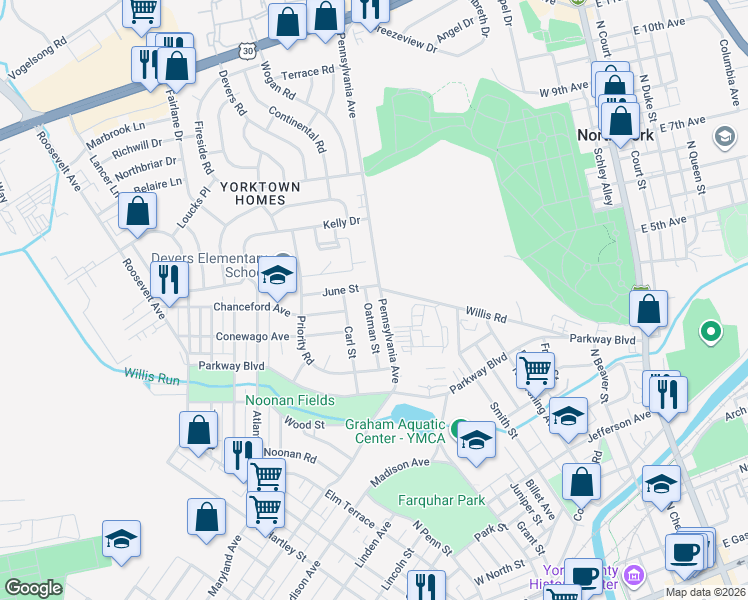 map of restaurants, bars, coffee shops, grocery stores, and more near 763 Oatman Street in York