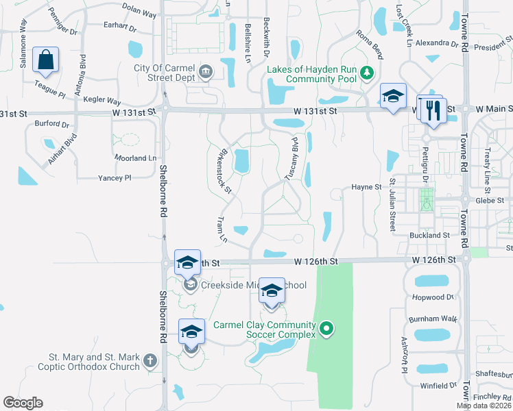 map of restaurants, bars, coffee shops, grocery stores, and more near 12744 Tuscany Boulevard in Carmel