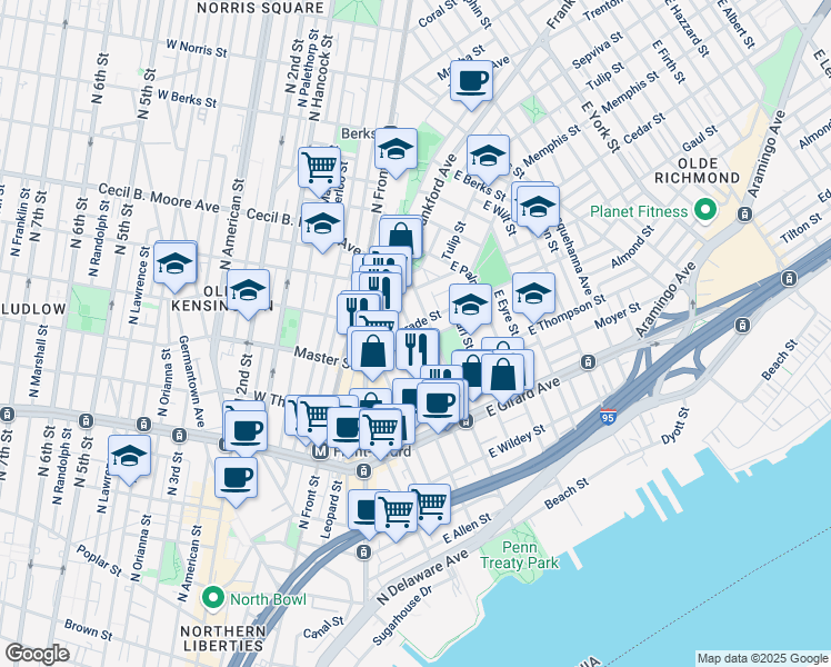 map of restaurants, bars, coffee shops, grocery stores, and more near 1357 East Oxford Street in Philadelphia