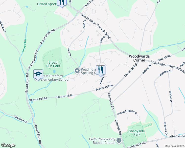 map of restaurants, bars, coffee shops, grocery stores, and more near 1663 Carlisle Lane in Downingtown
