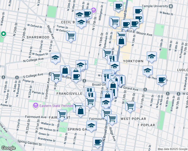 map of restaurants, bars, coffee shops, grocery stores, and more near 1226 North 16th Street in Philadelphia