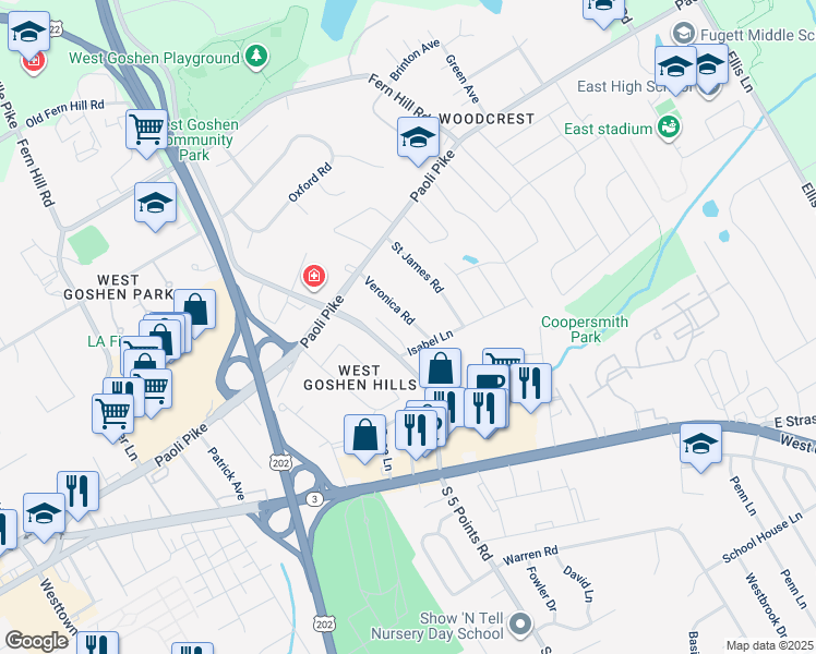 map of restaurants, bars, coffee shops, grocery stores, and more near 334 Veronica Road in West Chester