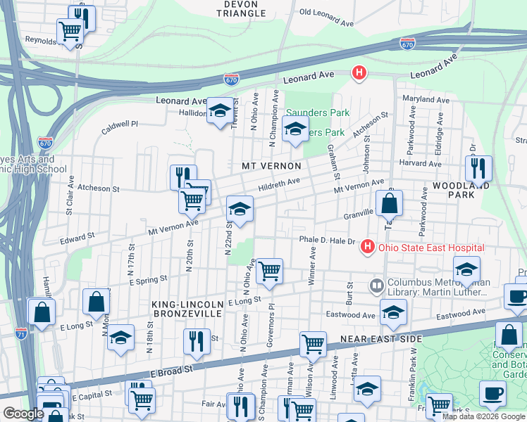 map of restaurants, bars, coffee shops, grocery stores, and more near 247 North Ohio Avenue in Columbus