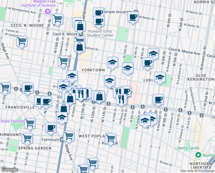 map of restaurants, bars, coffee shops, grocery stores, and more near 1101 West Thompson Street in Philadelphia