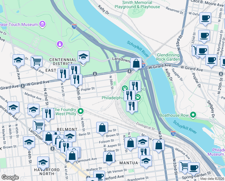 map of restaurants, bars, coffee shops, grocery stores, and more near Wyalusing Avenue & North 38th Street in Philadelphia