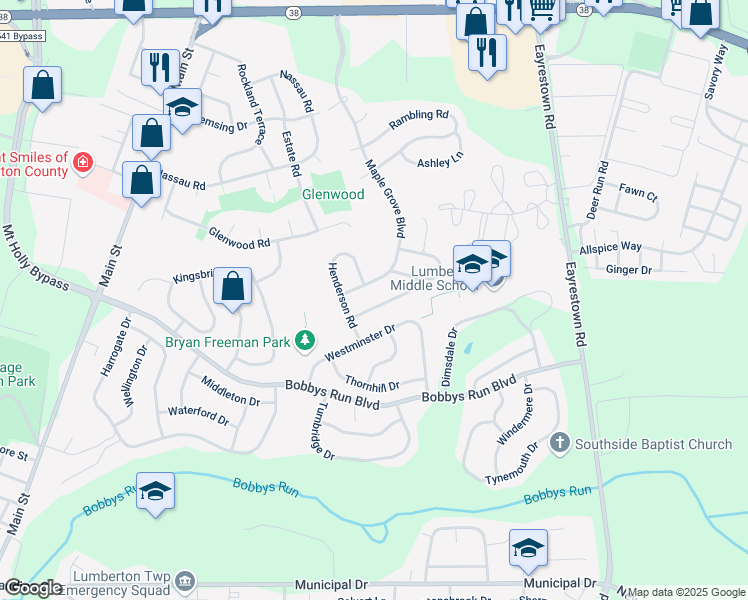 map of restaurants, bars, coffee shops, grocery stores, and more near 25 Westminster Drive in Lumberton