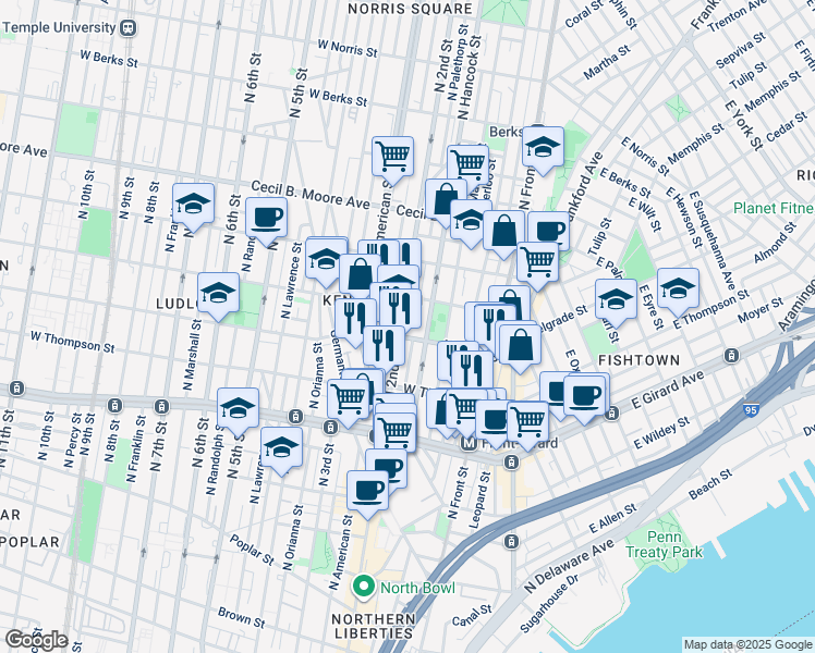 map of restaurants, bars, coffee shops, grocery stores, and more near 1411 North 2nd Street in Philadelphia