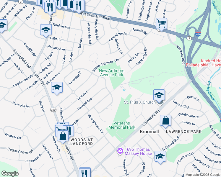 map of restaurants, bars, coffee shops, grocery stores, and more near 2181 Winding Way in Broomall