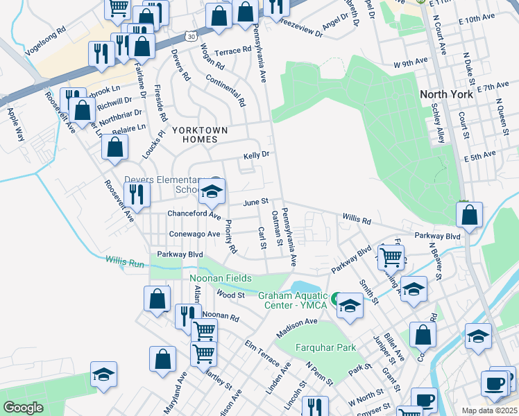map of restaurants, bars, coffee shops, grocery stores, and more near 806 Carl Street in York
