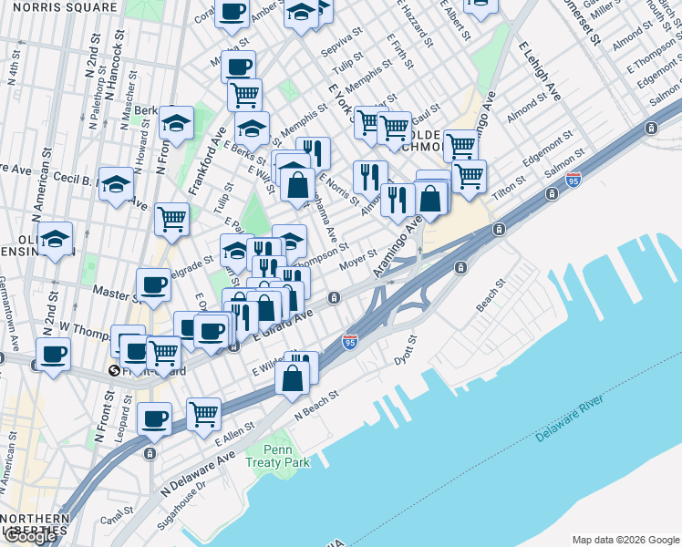 map of restaurants, bars, coffee shops, grocery stores, and more near 1224 E Susquehanna Ave in Philadelphia