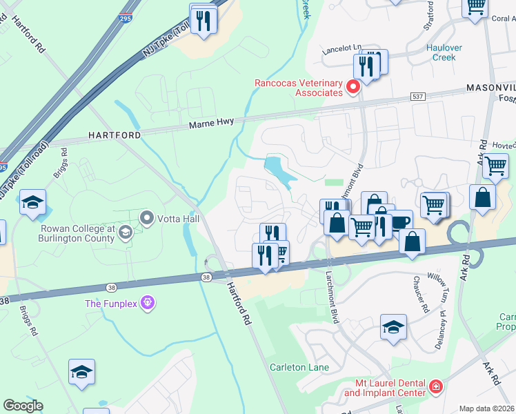 map of restaurants, bars, coffee shops, grocery stores, and more near 4904B Dunbarton Road in Mount Laurel Township