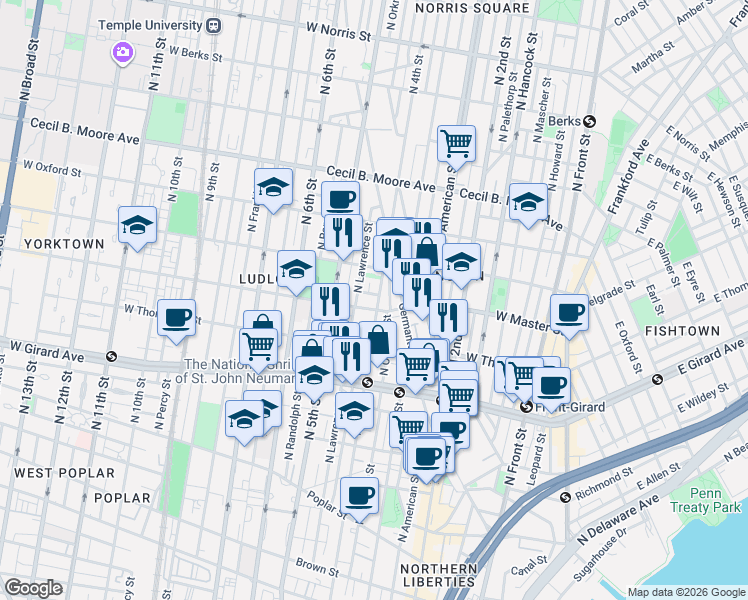 map of restaurants, bars, coffee shops, grocery stores, and more near 1331 North 4th Street in Philadelphia