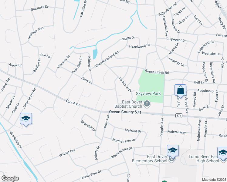 map of restaurants, bars, coffee shops, grocery stores, and more near 10 Bud Court in Toms River