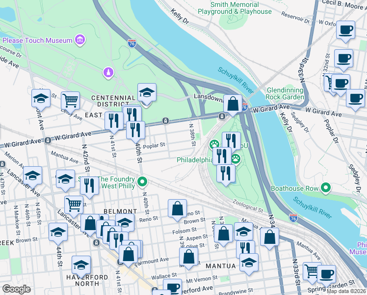 map of restaurants, bars, coffee shops, grocery stores, and more near in Philadelphia