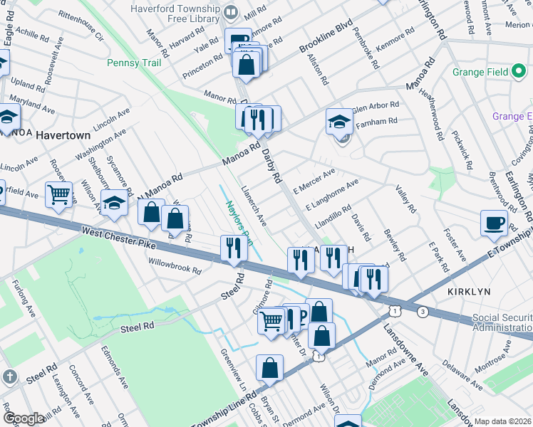 map of restaurants, bars, coffee shops, grocery stores, and more near 517 Woodland Drive in Havertown