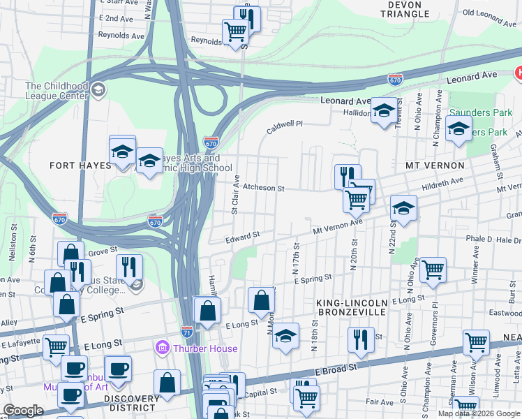 map of restaurants, bars, coffee shops, grocery stores, and more near 339 North Monroe Avenue in Columbus