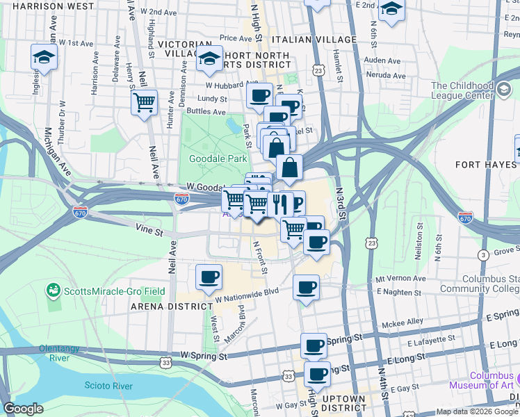 map of restaurants, bars, coffee shops, grocery stores, and more near 59 Spruce Street in Columbus