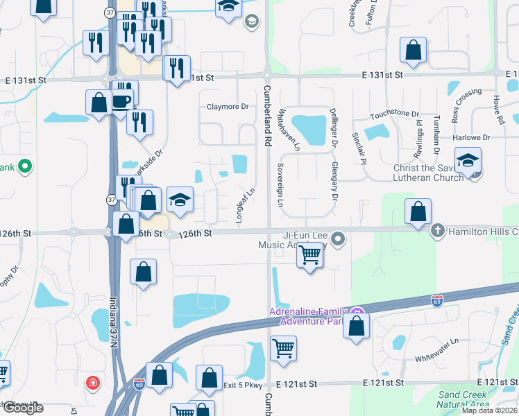 map of restaurants, bars, coffee shops, grocery stores, and more near 12625 Cumberland Road in Fishers