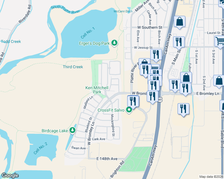 map of restaurants, bars, coffee shops, grocery stores, and more near 940 Quail Circle in Brighton