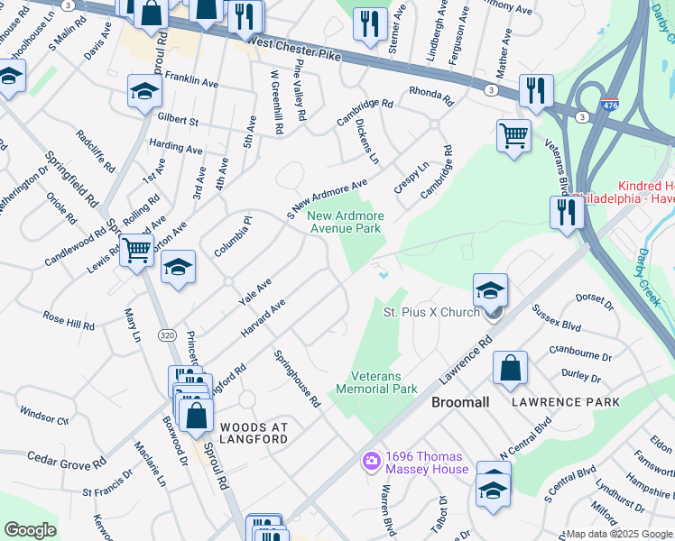 map of restaurants, bars, coffee shops, grocery stores, and more near 2181 Winding Way in Broomall