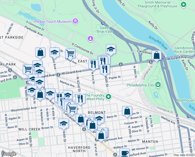 map of restaurants, bars, coffee shops, grocery stores, and more near 4043 Poplar Street in Philadelphia