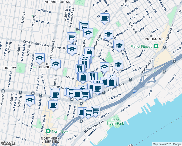 map of restaurants, bars, coffee shops, grocery stores, and more near 320 Belgrade Street in Philadelphia
