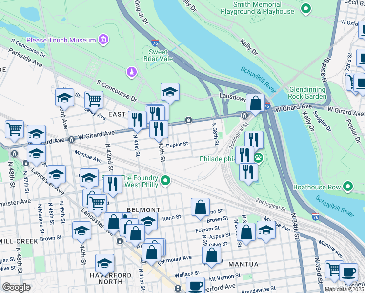 map of restaurants, bars, coffee shops, grocery stores, and more near 3922 Poplar Street in Philadelphia
