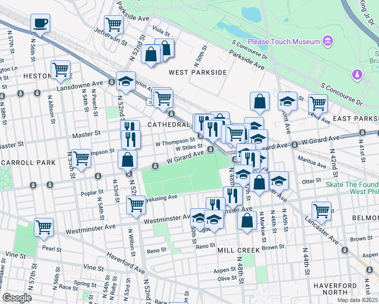 map of restaurants, bars, coffee shops, grocery stores, and more near 4953 West Girard Avenue in Philadelphia