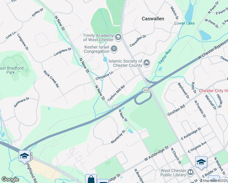 map of restaurants, bars, coffee shops, grocery stores, and more near 327 Taylors Mill Road in West Chester