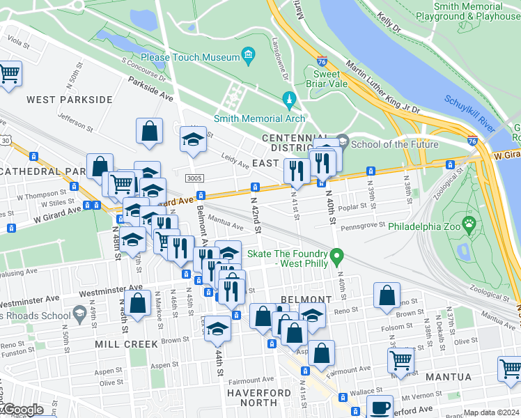 map of restaurants, bars, coffee shops, grocery stores, and more near 4176 Poplar Street in Philadelphia