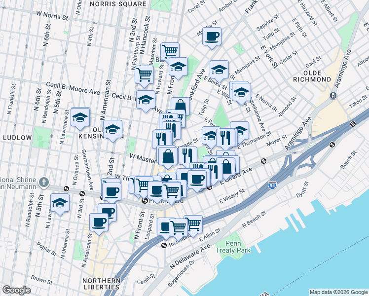 map of restaurants, bars, coffee shops, grocery stores, and more near 1319 East Oxford Street in Philadelphia