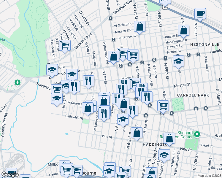 map of restaurants, bars, coffee shops, grocery stores, and more near 6340 Haverford Avenue in Philadelphia
