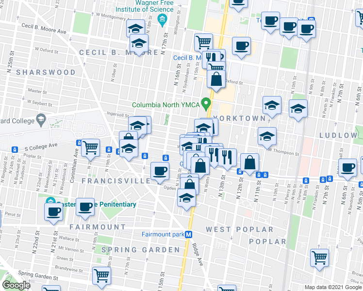 map of restaurants, bars, coffee shops, grocery stores, and more near 1303 North 15th Street in Philadelphia