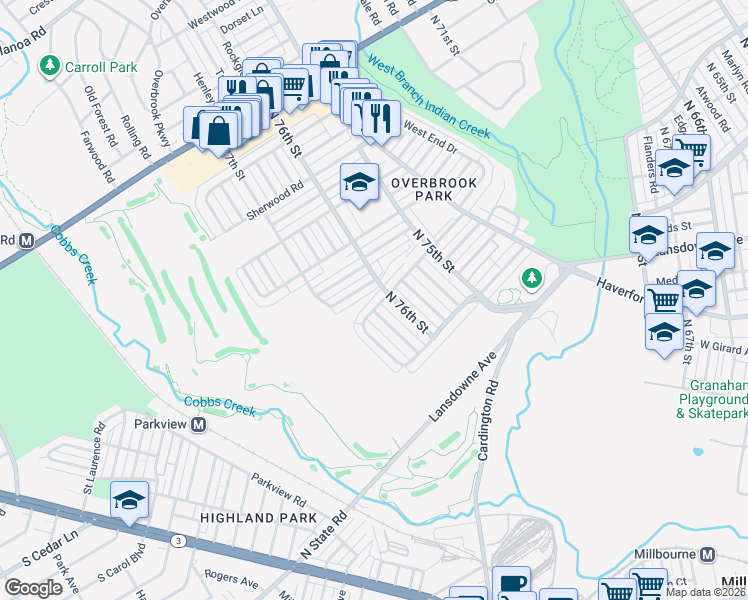 map of restaurants, bars, coffee shops, grocery stores, and more near 7605 Wyndale Avenue in Philadelphia