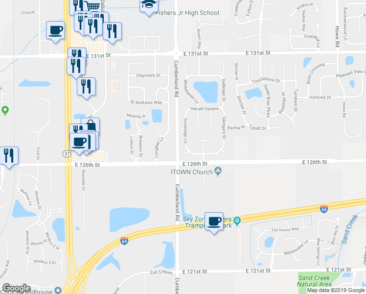 map of restaurants, bars, coffee shops, grocery stores, and more near 12686 Sovereign Lane in Fishers
