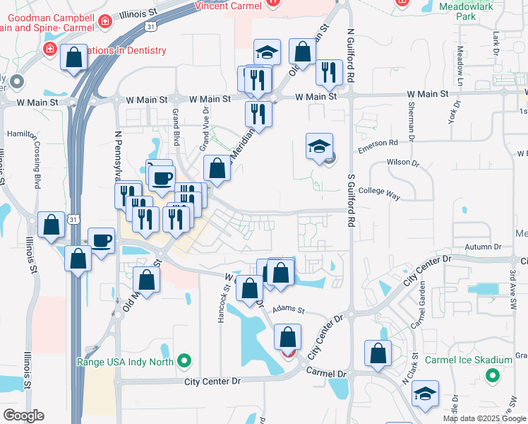map of restaurants, bars, coffee shops, grocery stores, and more near Grand Boulevard in Carmel