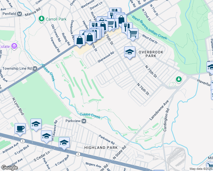 map of restaurants, bars, coffee shops, grocery stores, and more near 7742 Woodbine Avenue in Philadelphia