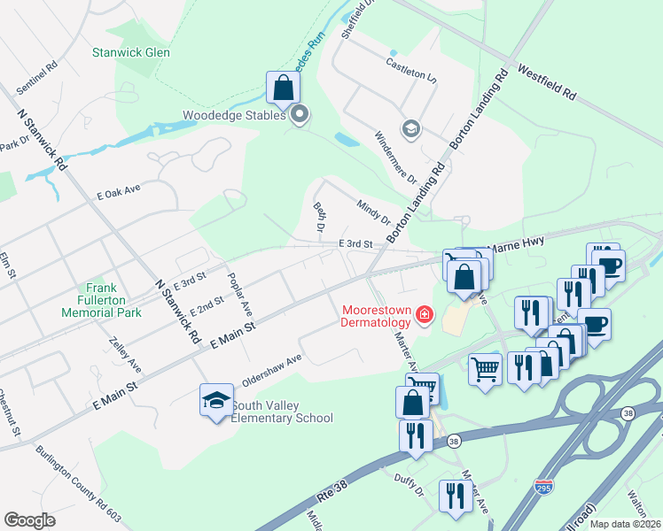 map of restaurants, bars, coffee shops, grocery stores, and more near 1 Almeda Lane in Moorestown