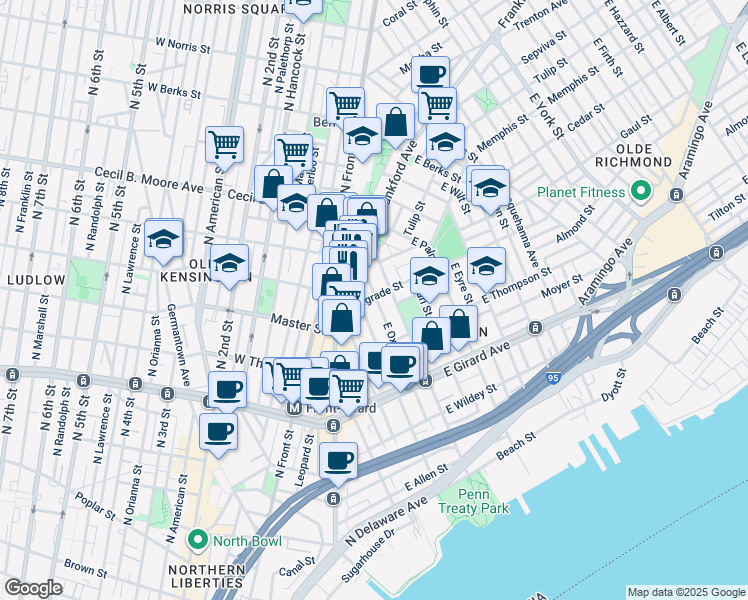 map of restaurants, bars, coffee shops, grocery stores, and more near 320 Belgrade Street in Philadelphia