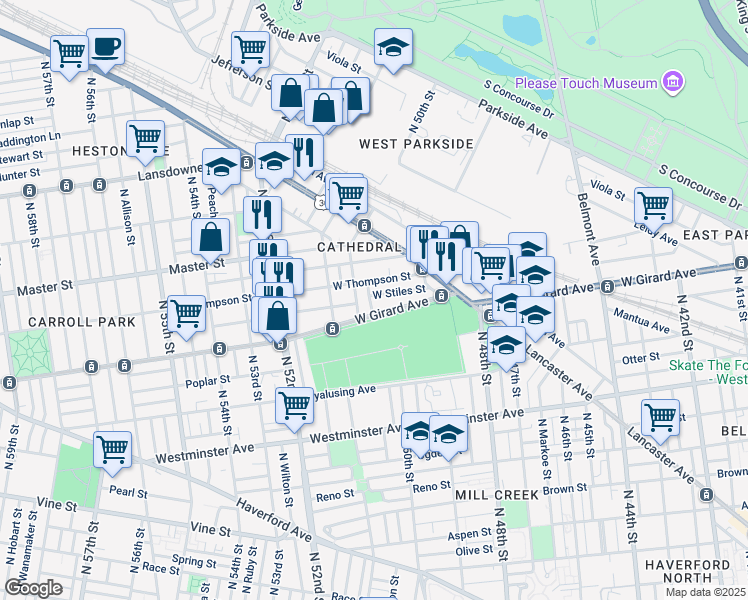 map of restaurants, bars, coffee shops, grocery stores, and more near 4973 West Thompson Street in Philadelphia