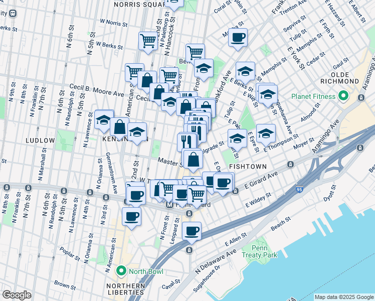 map of restaurants, bars, coffee shops, grocery stores, and more near 12 Jefferson Street in Philadelphia