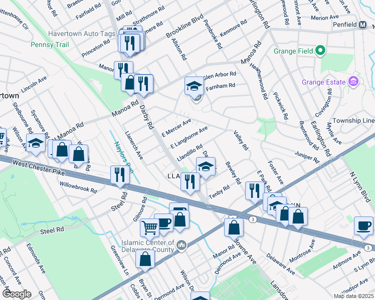 map of restaurants, bars, coffee shops, grocery stores, and more near 16 Llandillo Road in Havertown