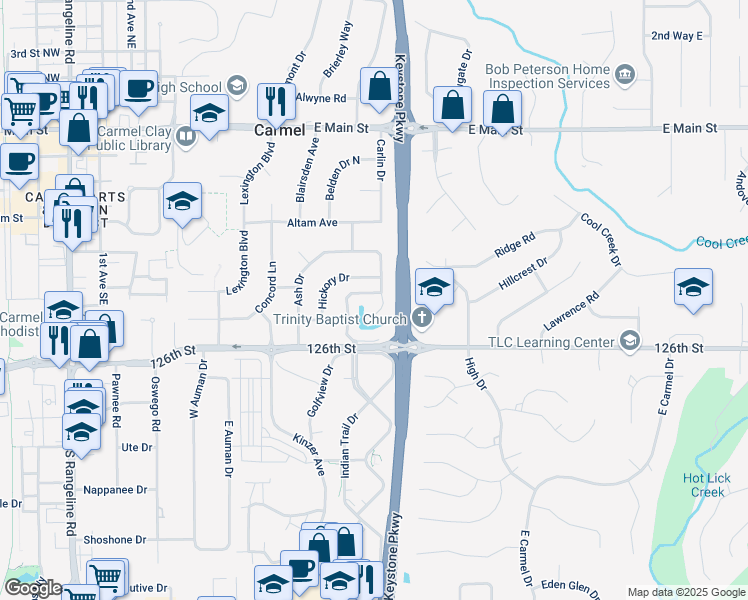 map of restaurants, bars, coffee shops, grocery stores, and more near 537 Melark Drive in Carmel