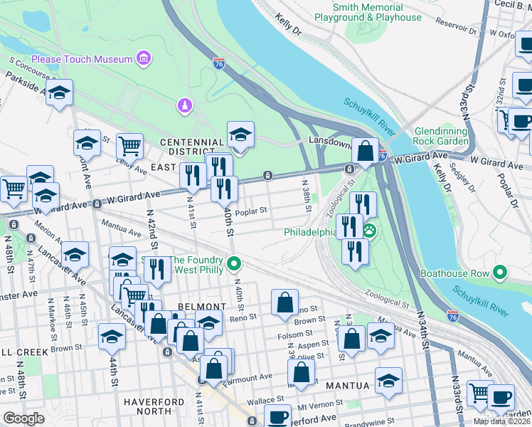 map of restaurants, bars, coffee shops, grocery stores, and more near 3856 Cambridge Street in Philadelphia