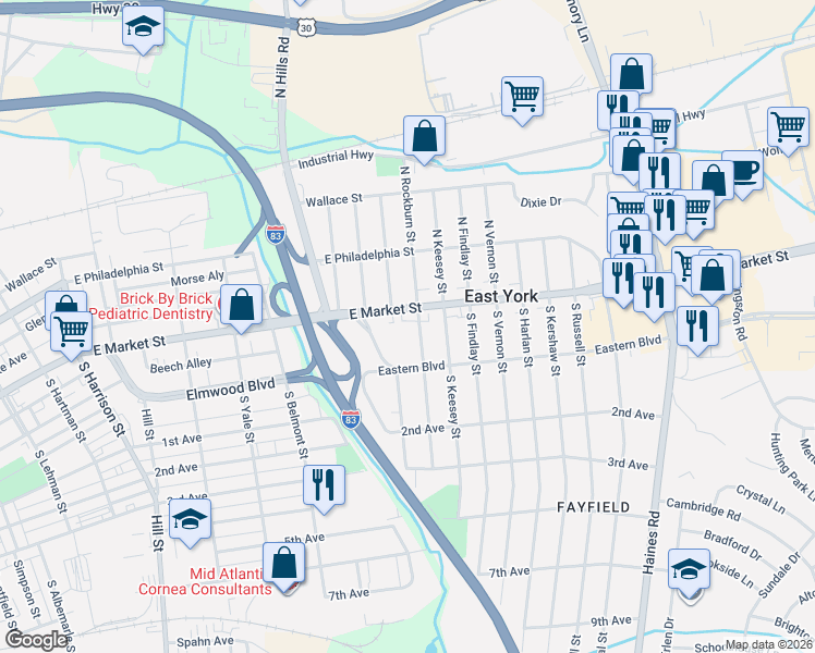 map of restaurants, bars, coffee shops, grocery stores, and more near 1901 Pennsylvania 462 in East York