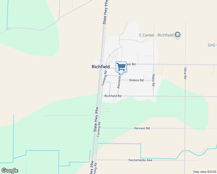 map of restaurants, bars, coffee shops, grocery stores, and more near 6055 Amador Road in Corning