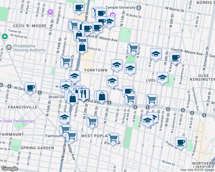 map of restaurants, bars, coffee shops, grocery stores, and more near 1116 Master Street in Philadelphia