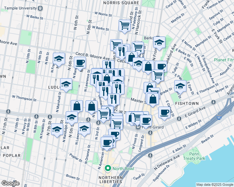 map of restaurants, bars, coffee shops, grocery stores, and more near 1410 North 2nd Street in Philadelphia