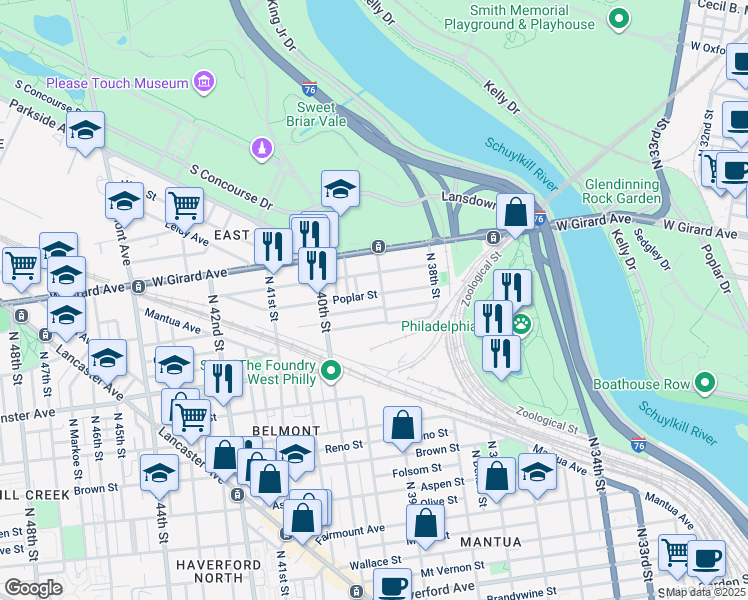 map of restaurants, bars, coffee shops, grocery stores, and more near 3910 Poplar Street in Philadelphia