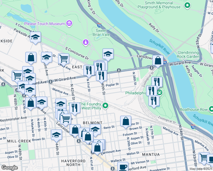map of restaurants, bars, coffee shops, grocery stores, and more near 1104 Sloan Street in Philadelphia